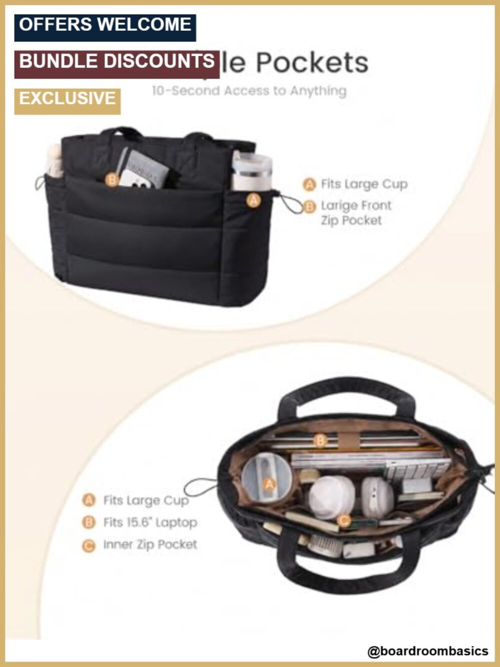 Puffer Tote Bag with Giant Tumbler Pocket Laptop Handbag - Picture 2 of 6
